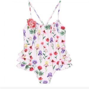Girls Pink Floral Ruffle Swimsuit
